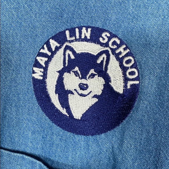Harriton Denim Button-Up Shirt L Light Wash Embroidered Maya Lin School Husky - Picture 4 of 11